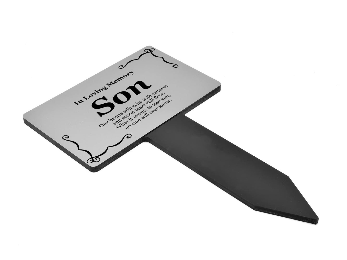 In Loving Memory Son Memorial Stake – Silver Plaque & Acrylic Stake, 230 × 140 m – by North By North East – Plaques & Nameplates