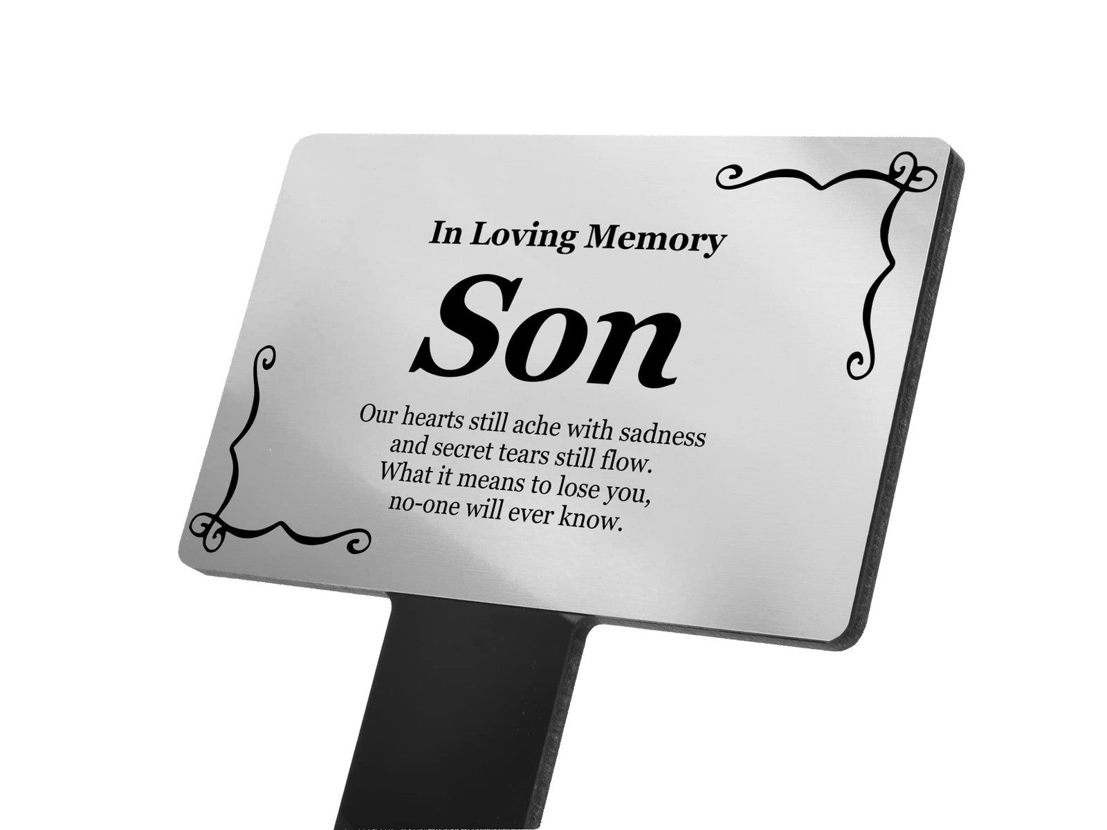 In Loving Memory Son Memorial Stake – Silver Plaque & Acrylic Stake, 230 × 140 m – by North By North East – Plaques & Nameplates