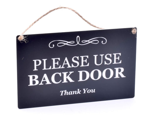 “Please Use Back Door” Hanging ACM Sign – Black 140×90mm – Indoor/Outdoor – UK M – by North By North East – Signs