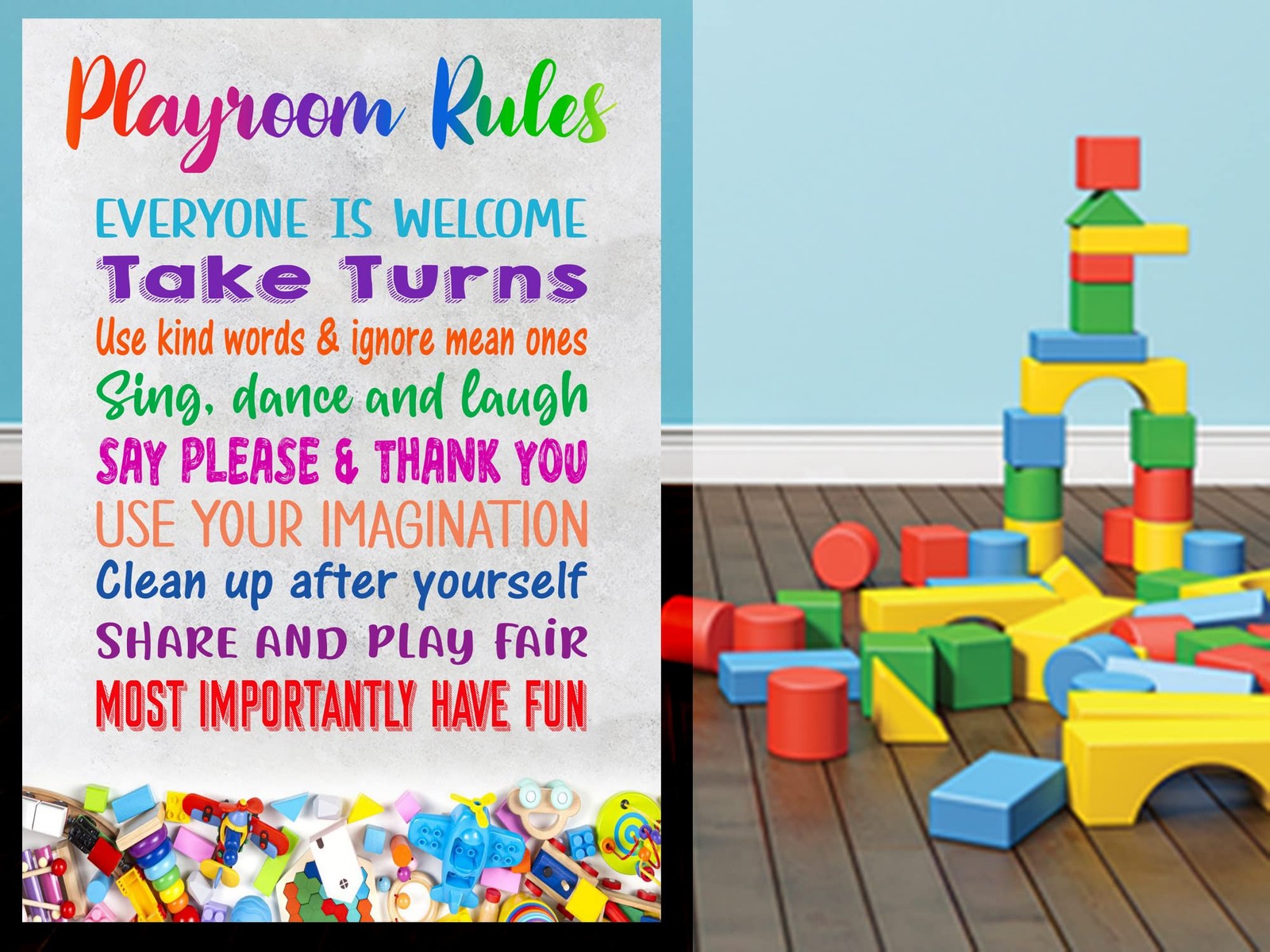 Colourful “Playroom Rules” Safety Sign – A4 ACM 297×210 mm with 4 Screw Holes – by North By North East – Safety & Warning Signs