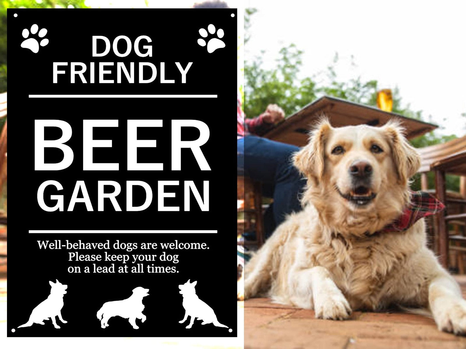 Dog-Friendly Beer Garden Sign – A4 Black ACM, 4 Screw Holes – UK Made – by North By North East – Garden & Outdoor Signs