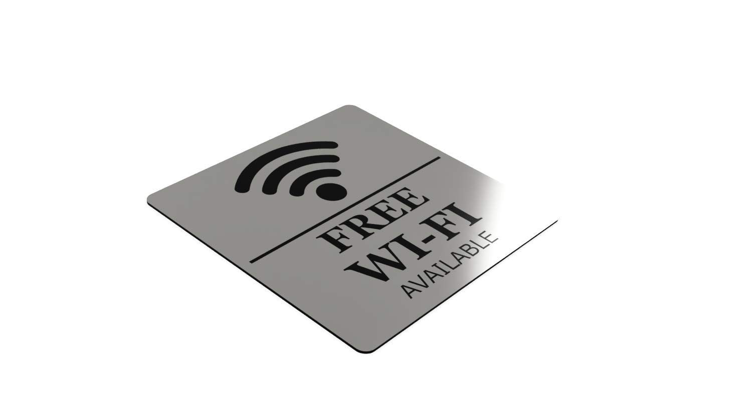Free WiFi Available Sign – 145 mm Square Silver Aluminium Self-Adhesive, UK Made – by North By North East – Signs