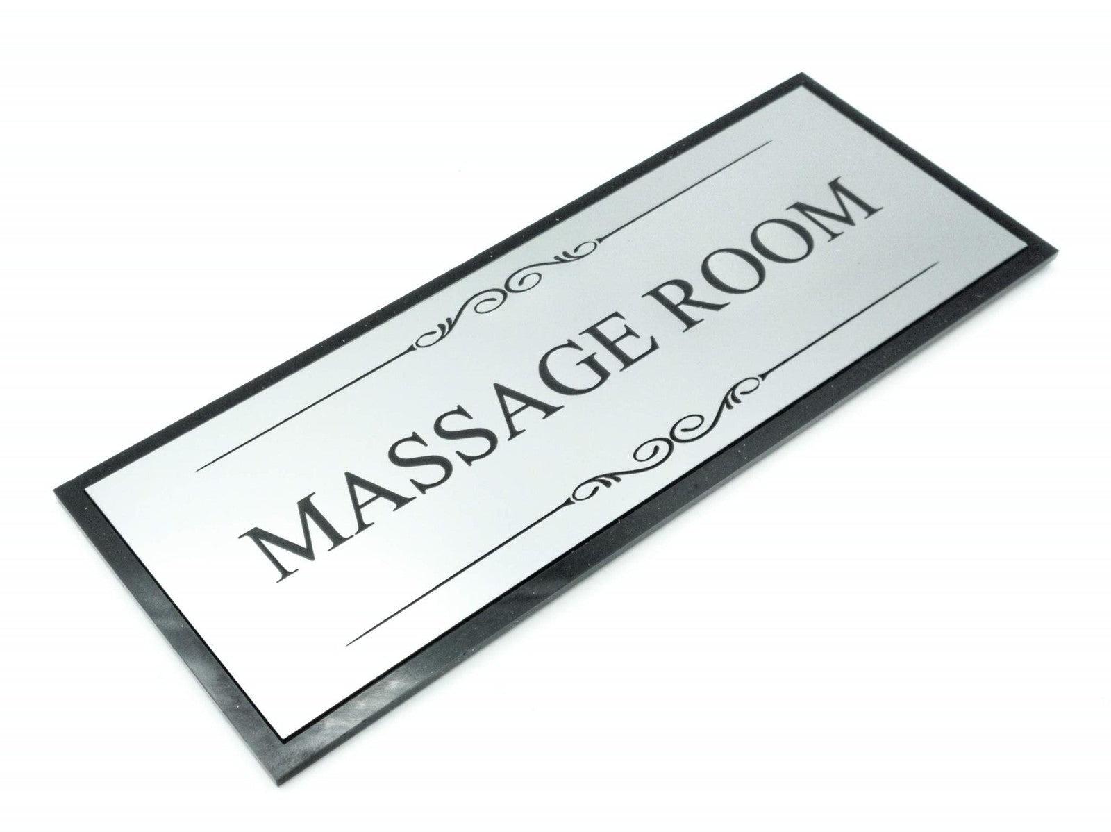 Massage Room Door Sign – Black & Silver Acrylic 195 × 76 mm Self-Adhesive – by North By North East – Signs