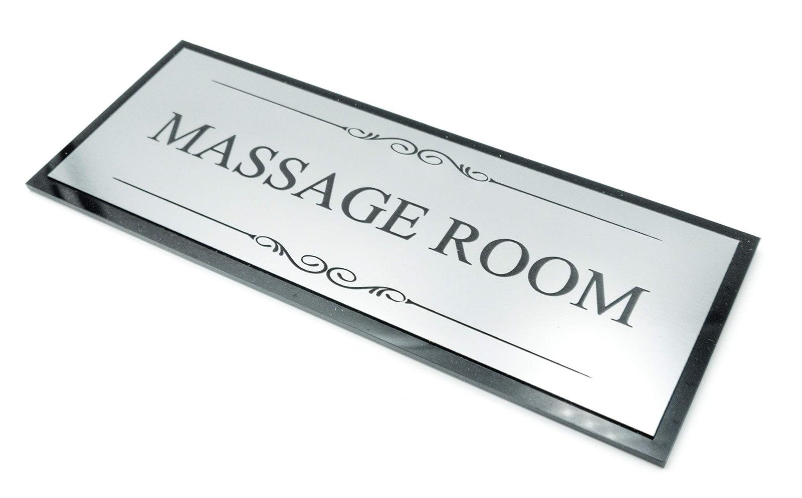 Massage Room Door Sign – Black & Silver Acrylic 195 × 76 mm Self-Adhesive – by North By North East – Signs