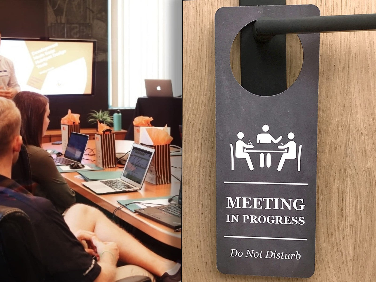 Large Black "Meeting in Progress" Door Hanger – Professional Office, Clinic, Sal – by North By North East – Business Hours & Policy Signs