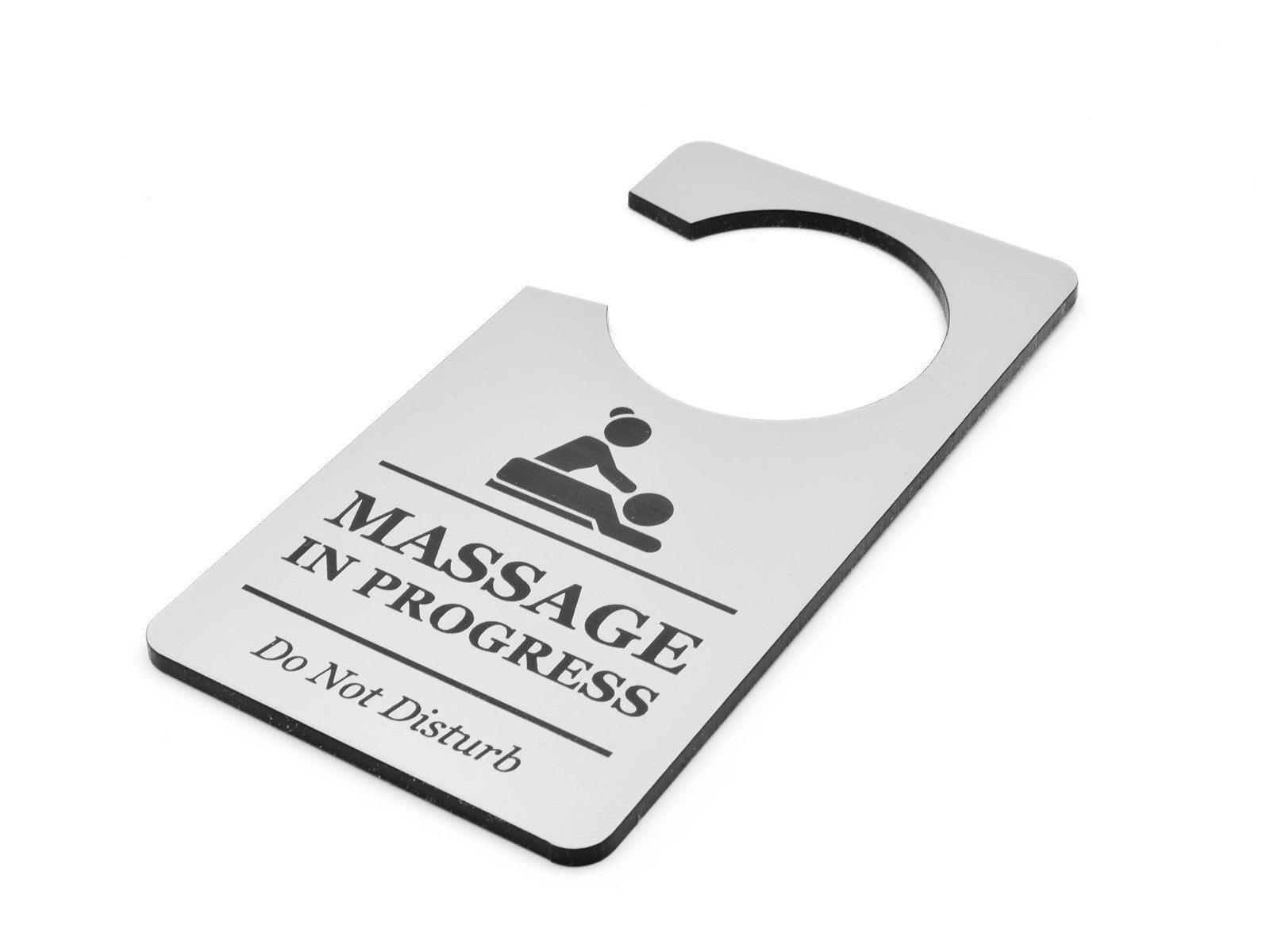 Silver “Massage in Progress – Do Not Disturb” Door Hanger – Professional Spa – by North By North East – Signs