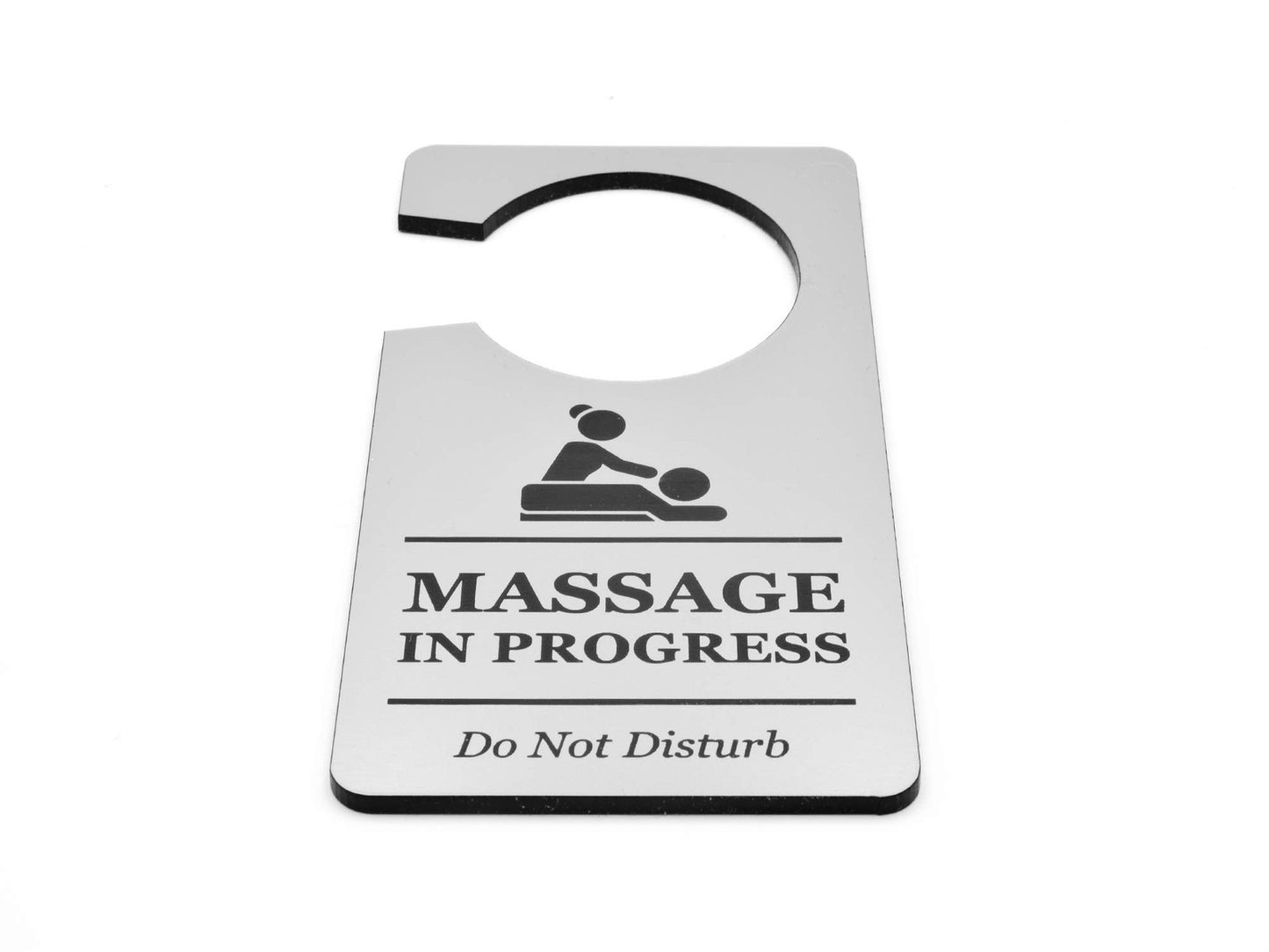 Silver “Massage in Progress – Do Not Disturb” Door Hanger – Professional Spa – by North By North East – Signs