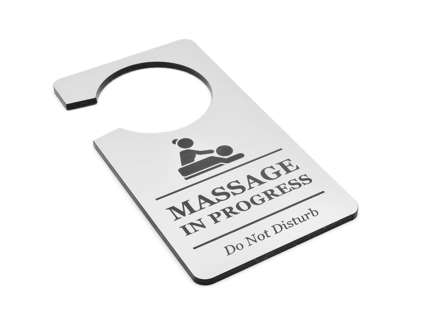 Silver “Massage in Progress – Do Not Disturb” Door Hanger – Professional Spa – by North By North East – Signs