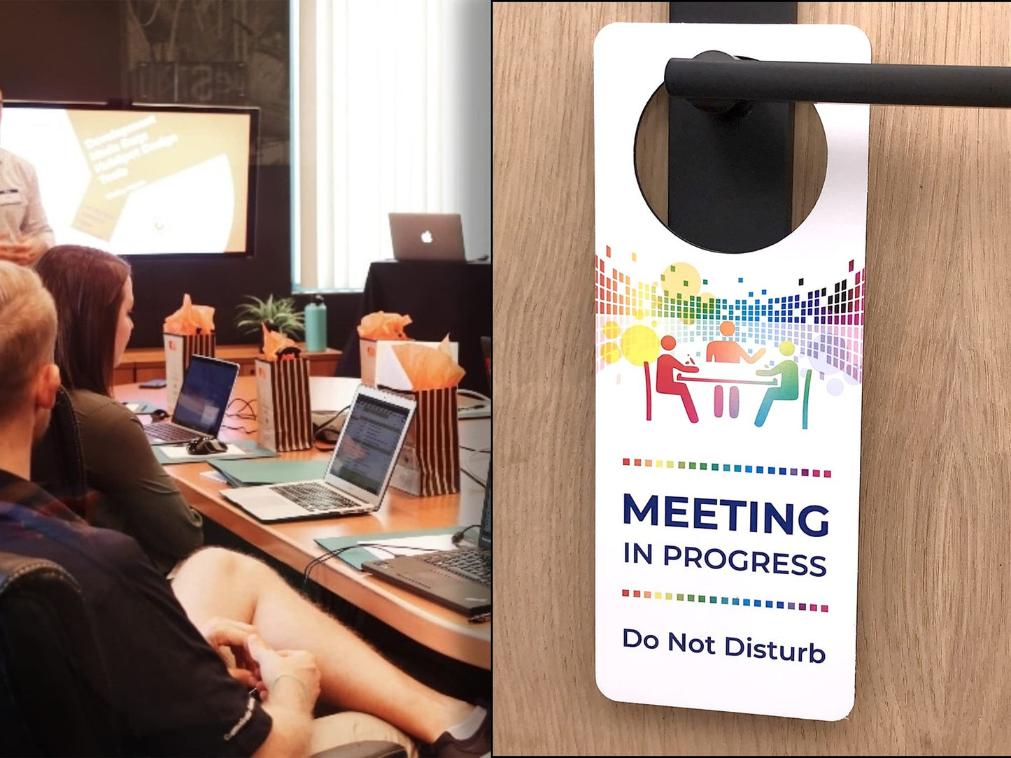 Multicoloured Meeting in Progress Door Sign – Do Not Disturb Office Notice – by North By North East – Business Hours & Policy Signs