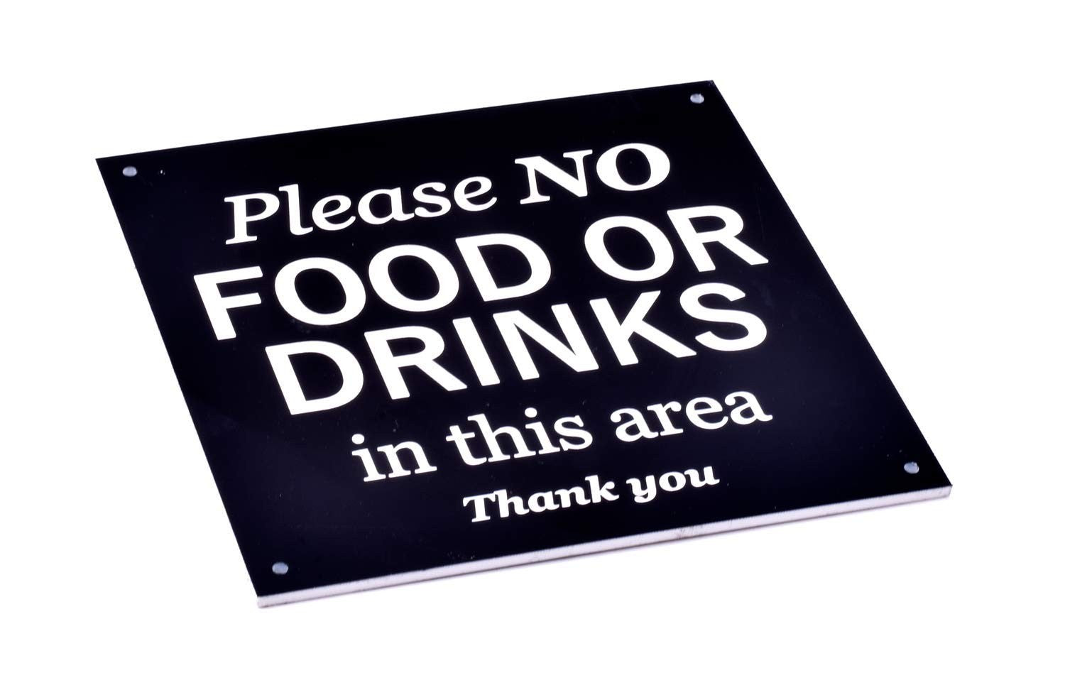 No Food or Drinks Sign – Black HIPS Plastic, 145mm, 4 Screw Holes – by North By North East – Signs