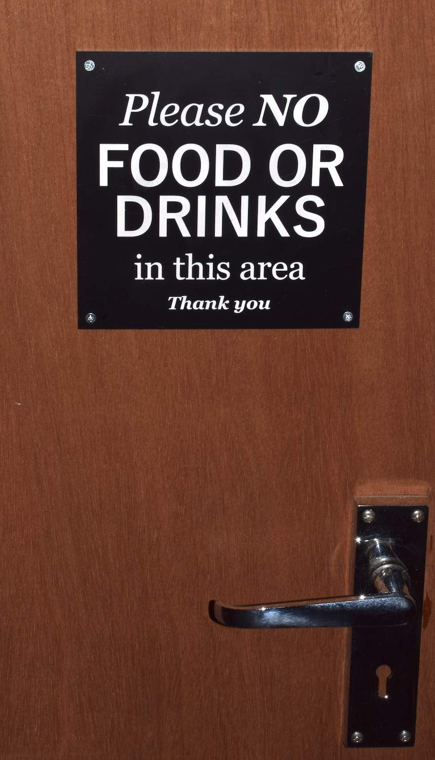 No Food or Drinks Sign – Black HIPS Plastic, 145mm, 4 Screw Holes – by North By North East – Signs