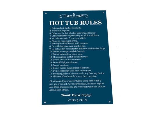 Hot Tub Rules Sign – Blue ACM 210x297mm with 4 Screw Holes, Waterproof, UK Made – by North By North East – Signs