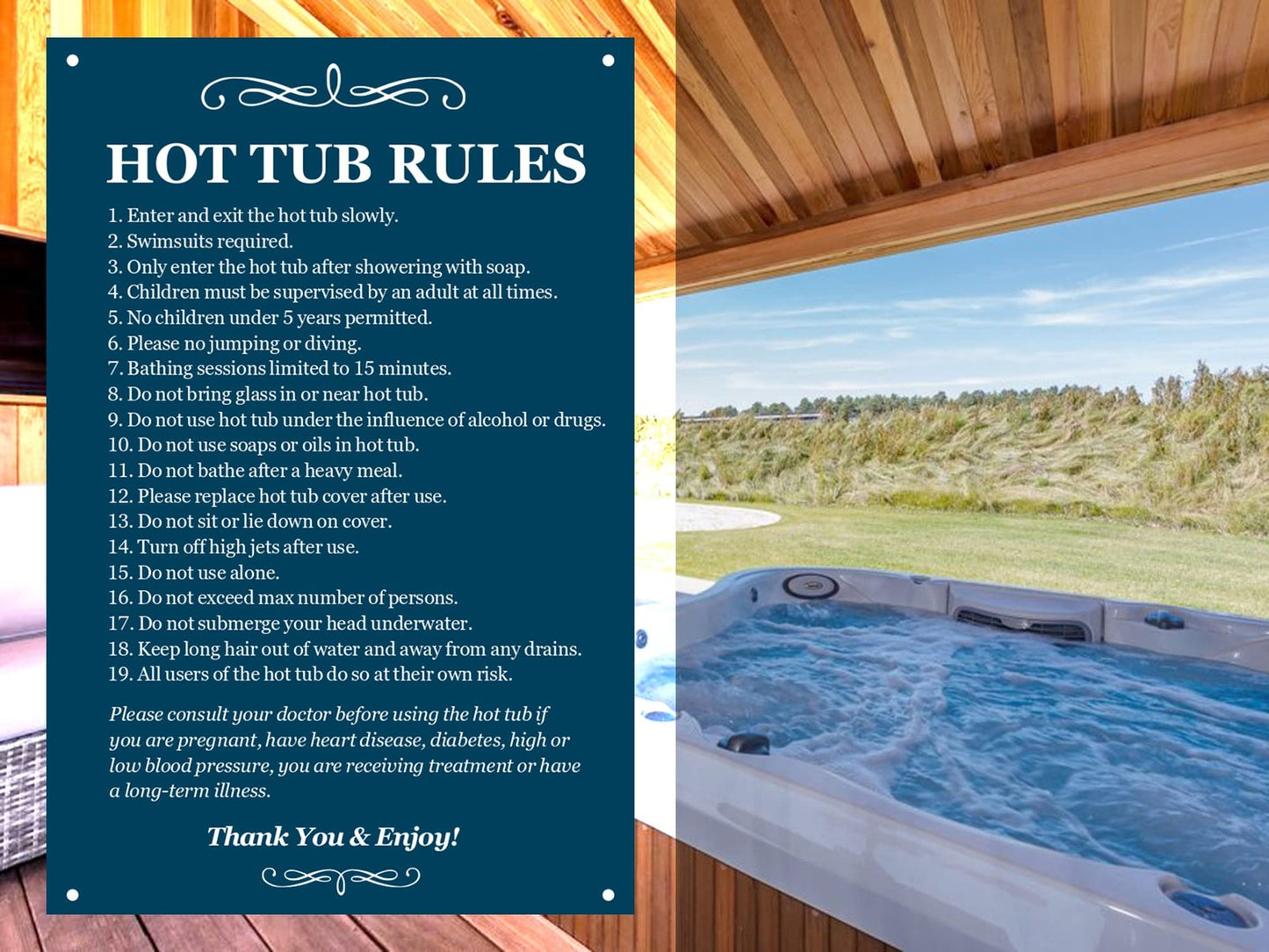 Hot Tub Rules Sign – Blue ACM 210x297mm with 4 Screw Holes, Waterproof, UK Made – by North By North East – Signs