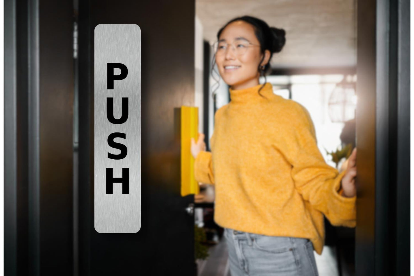 Push Pull Door Signs – Pair of Rigid Self-Adhesive Brushed Silver 1mm Aluminium – by North By North East – Business Hours & Policy Signs