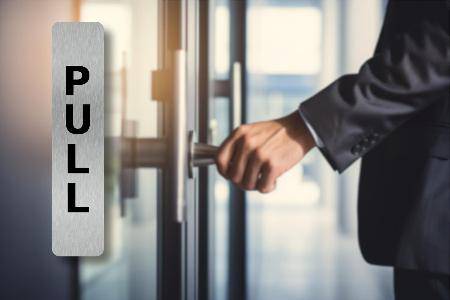 Push Pull Door Signs – Pair of Rigid Self-Adhesive Brushed Silver 1mm Aluminium – by North By North East – Business Hours & Policy Signs