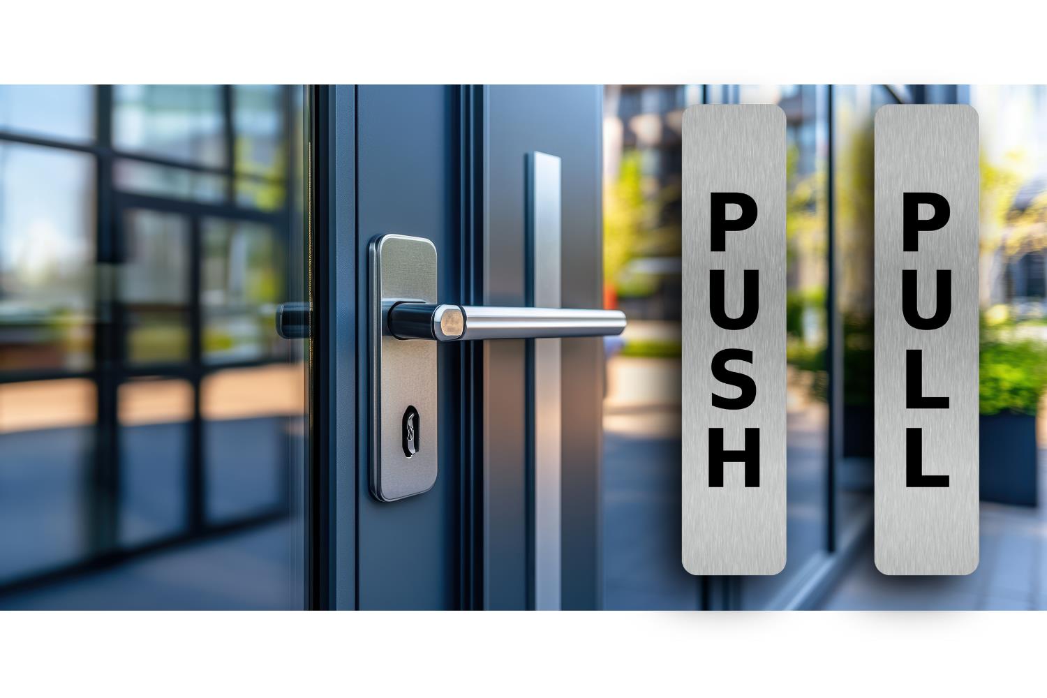 Push Pull Door Signs – Pair of Rigid Self-Adhesive Brushed Silver 1mm Aluminium – by North By North East – Business Hours & Policy Signs