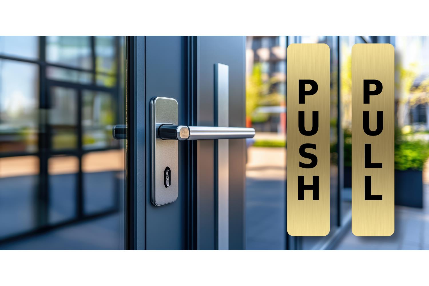 Brushed Gold Push Pull Door Signs – 2 Pack Self Adhesive Metal 180×40mm – by North By North East – Business Hours & Policy Signs