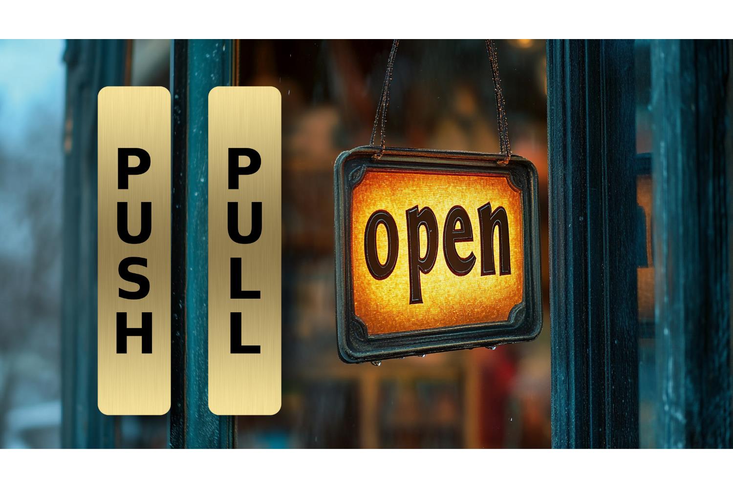 Brushed Gold Push Pull Door Signs – 2 Pack Self Adhesive Metal 180×40mm – by North By North East – Business Hours & Policy Signs