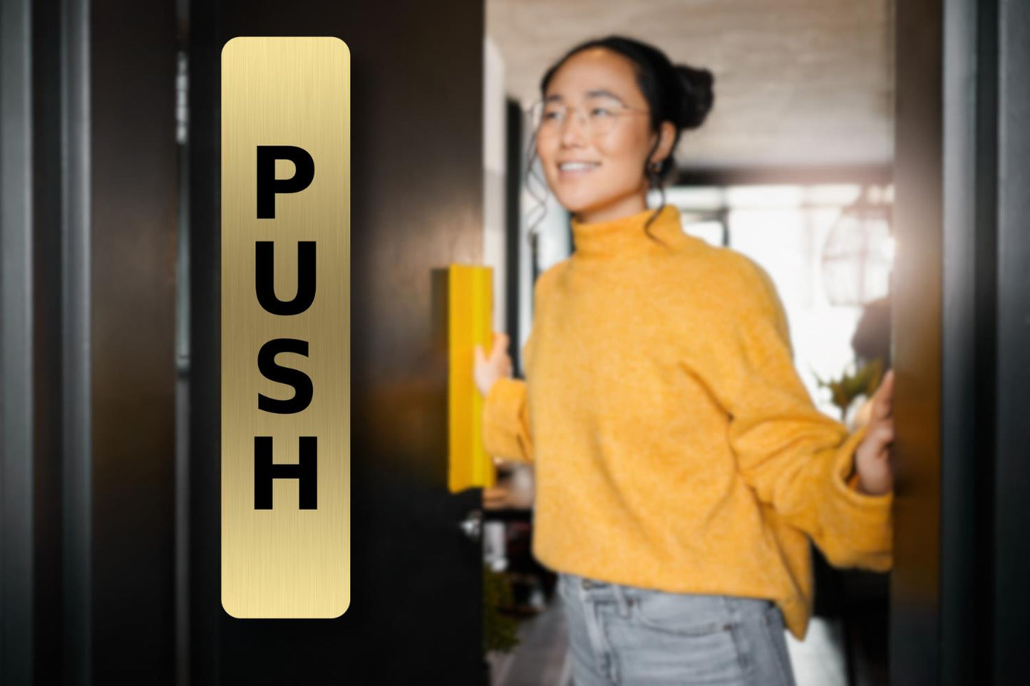 Brushed Gold Push Pull Door Signs – 2 Pack Self Adhesive Metal 180×40mm – by North By North East – Business Hours & Policy Signs