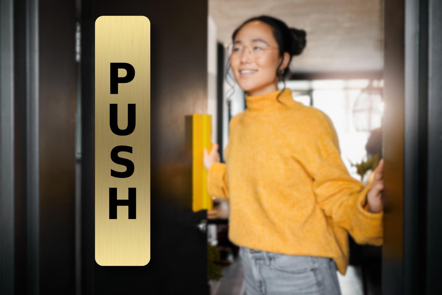 Brushed Gold Push Pull Door Signs – 2 Pack Self Adhesive Metal 180×40mm – by North By North East – Business Hours & Policy Signs