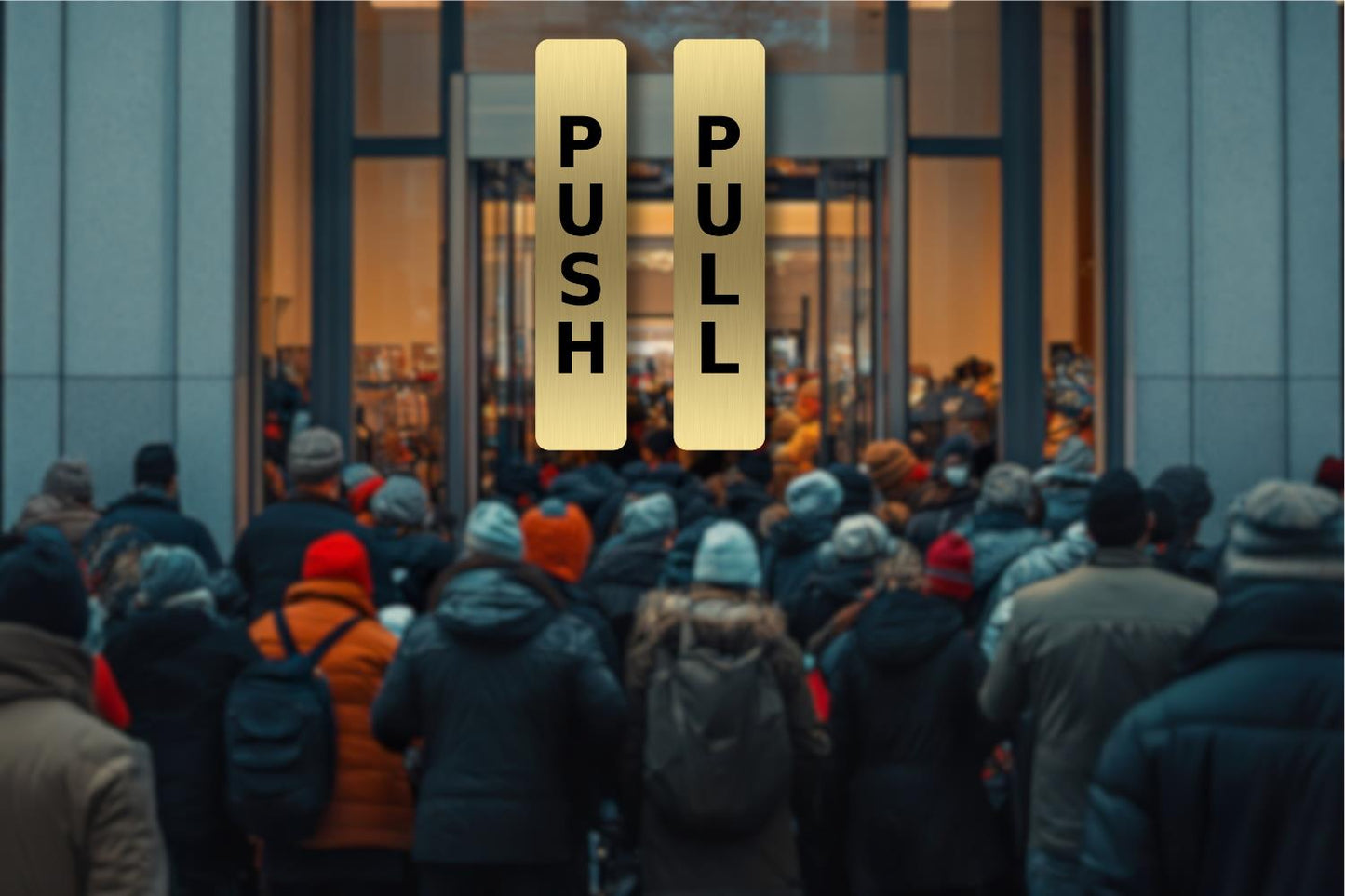 Brushed Gold Push Pull Door Signs – 2 Pack Self Adhesive Metal 180×40mm – by North By North East – Business Hours & Policy Signs