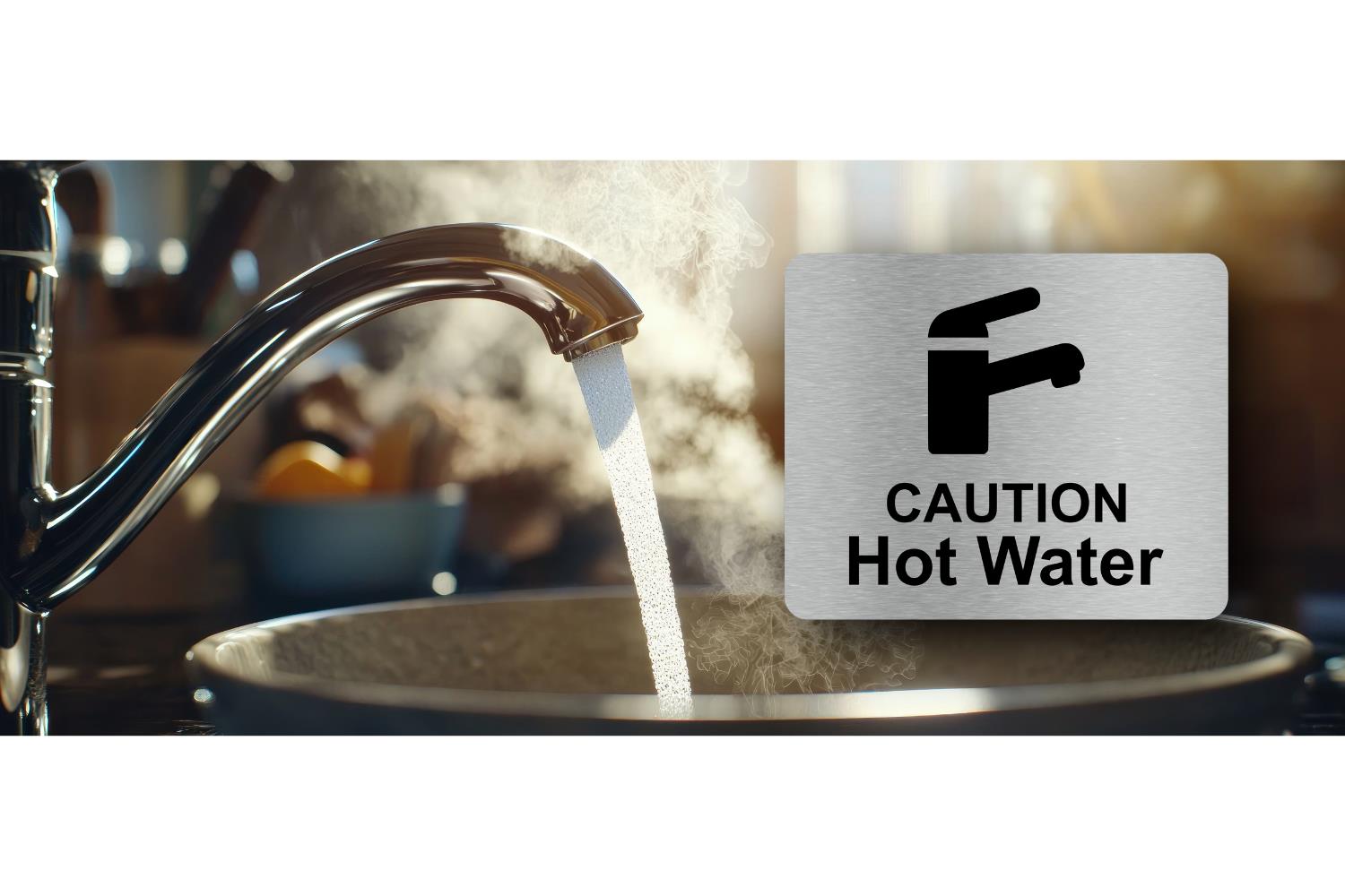 Caution Hot Water Sign – 120×100mm Self Adhesive Solid Aluminium Safety Notice – by North By North East – Safety & Warning Signs