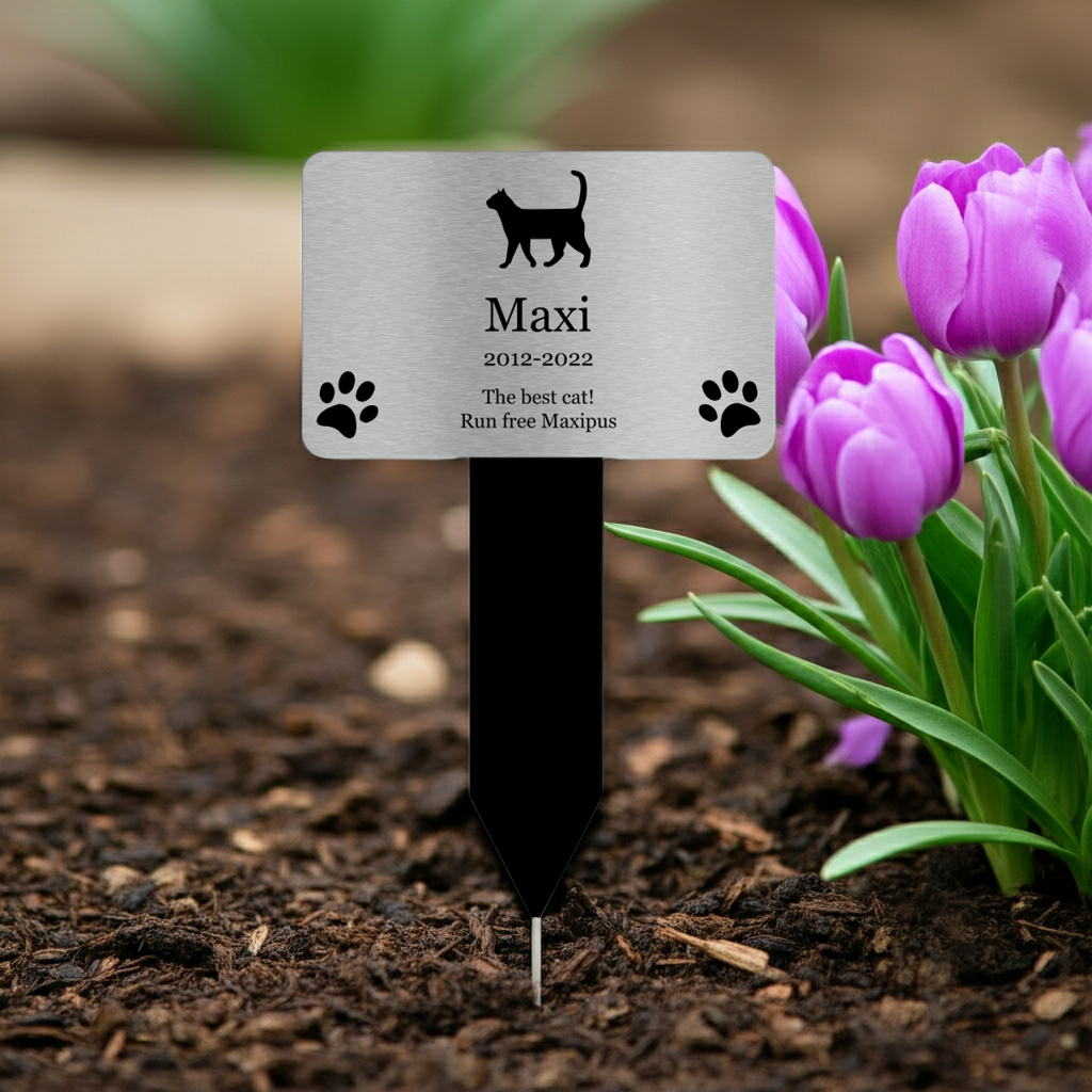Personalised Cat Memorial Stake — Silver Aluminium Plaque on Black Acrylic Marker (230 × 140 mm, 6 mm)