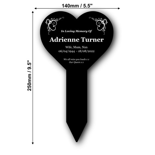 Personalised Black Heart Memorial Stake — Engraved Acrylic Grave Marker (230 × 140 mm, Weatherproof) – by North By North East – Plaques & Nameplates