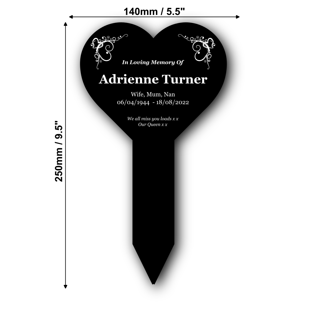 Personalised Black Heart Memorial Stake — Engraved Acrylic Grave Marker (230 × 140 mm, Weatherproof) – by North By North East – Plaques & Nameplates