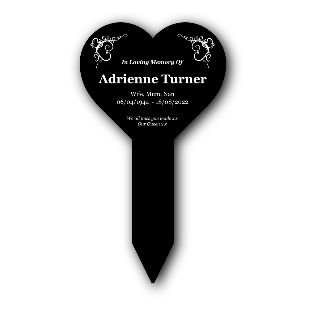 Personalised Black Heart Memorial Stake — Engraved Acrylic Grave Marker (230 × 140 mm, Weatherproof) – by North By North East – Plaques & Nameplates