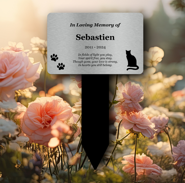 Personalised Cat Memorial Stake — Silver Aluminium Plaque on Black Acrylic Marker (230 × 140 mm, 6 mm) – by North By North East – Plaques & Nameplates