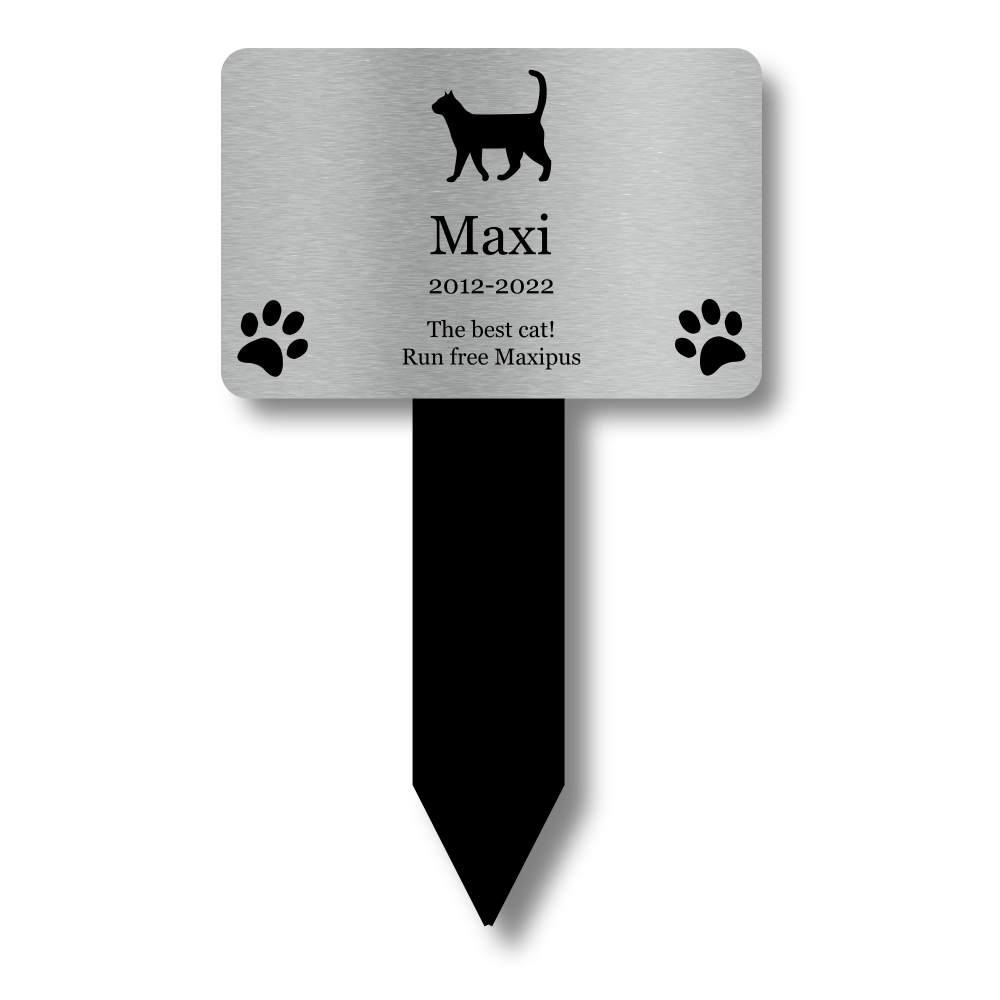 Personalised Cat Memorial Stake — Silver Aluminium Plaque on Black Acrylic Marker (230 × 140 mm, 6 mm) – by North By North East – Plaques & Nameplates
