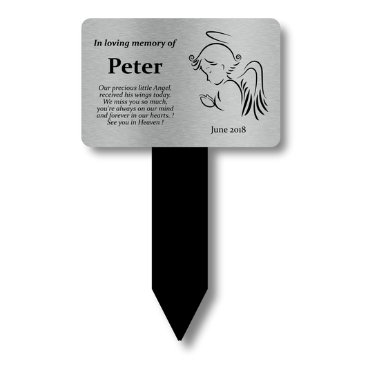 Personalised Silver Angel Memorial Plaque — Engraved Grave or Garden Marker with Stake (Weatherproof, Angel Motif) – by North By North East – Plaques & Nameplates