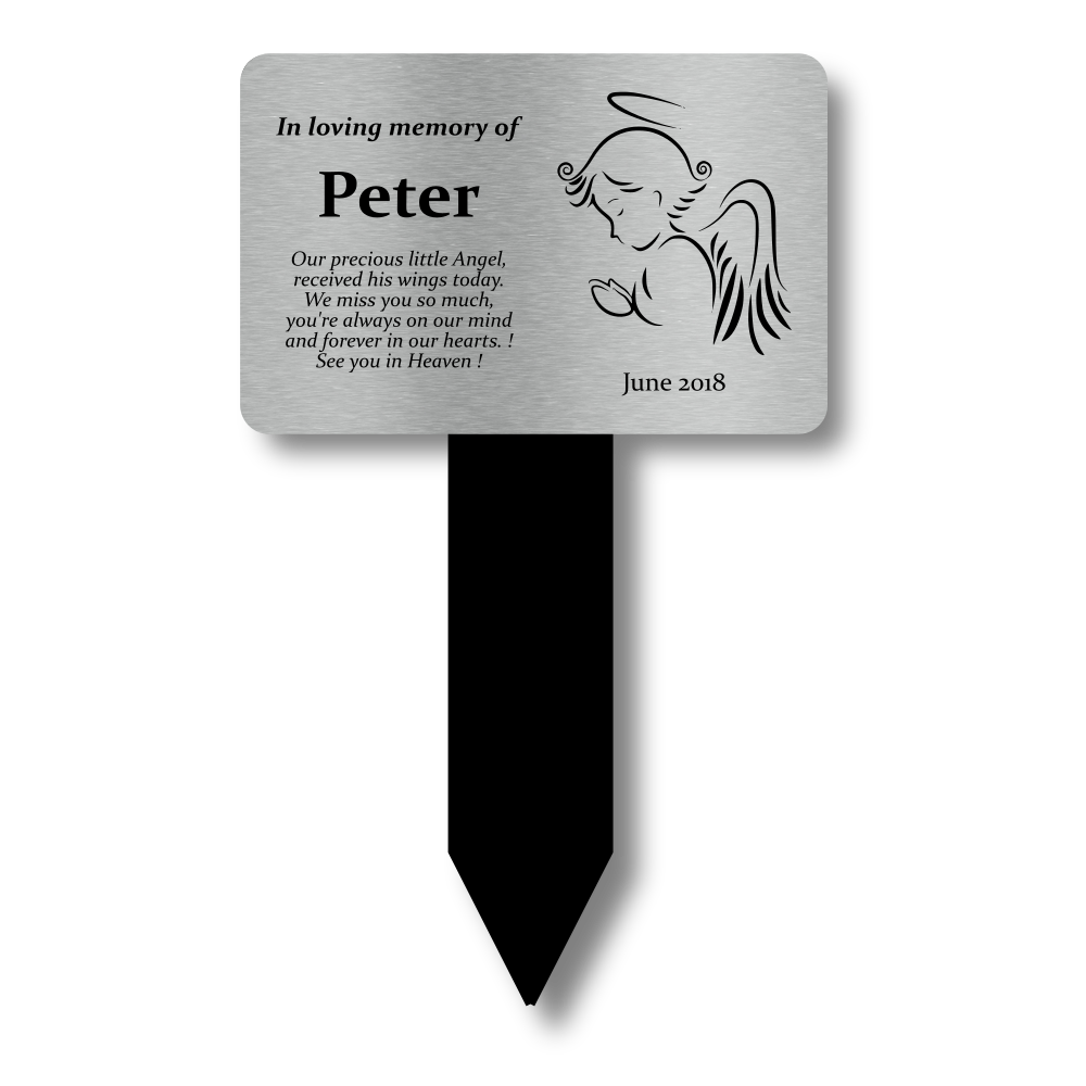 Personalised Silver Angel Memorial Plaque — Engraved Grave or Garden Marker with Stake (Weatherproof, Angel Motif) – by North By North East – Plaques & Nameplates