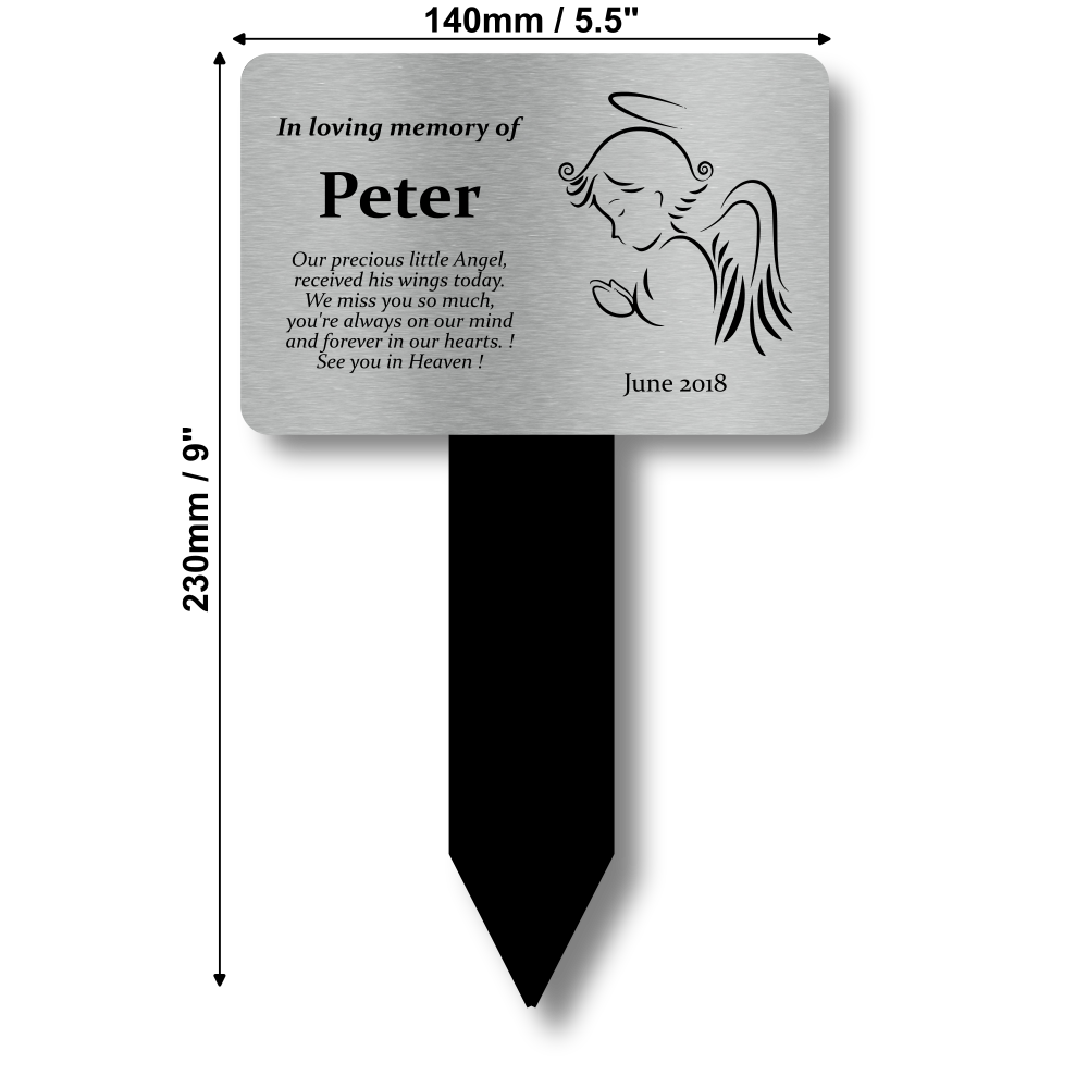 Personalised Silver Angel Memorial Plaque — Engraved Grave or Garden Marker with Stake (Weatherproof, Angel Motif) – by North By North East – Plaques & Nameplates