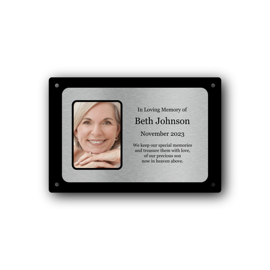 Personalised Photo Memorial Plaque — Silver Aluminium, 4 Screw Holes (170 × 110 mm, 4 mm, Outdoor-Ready) – by North By North East – Plaques & Nameplates