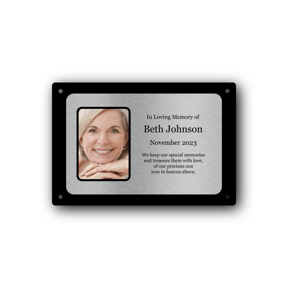 Personalised Photo Memorial Plaque — Silver Aluminium, 4 Screw Holes (170 × 110 mm, 4 mm, Outdoor-Ready) – by North By North East – Plaques & Nameplates