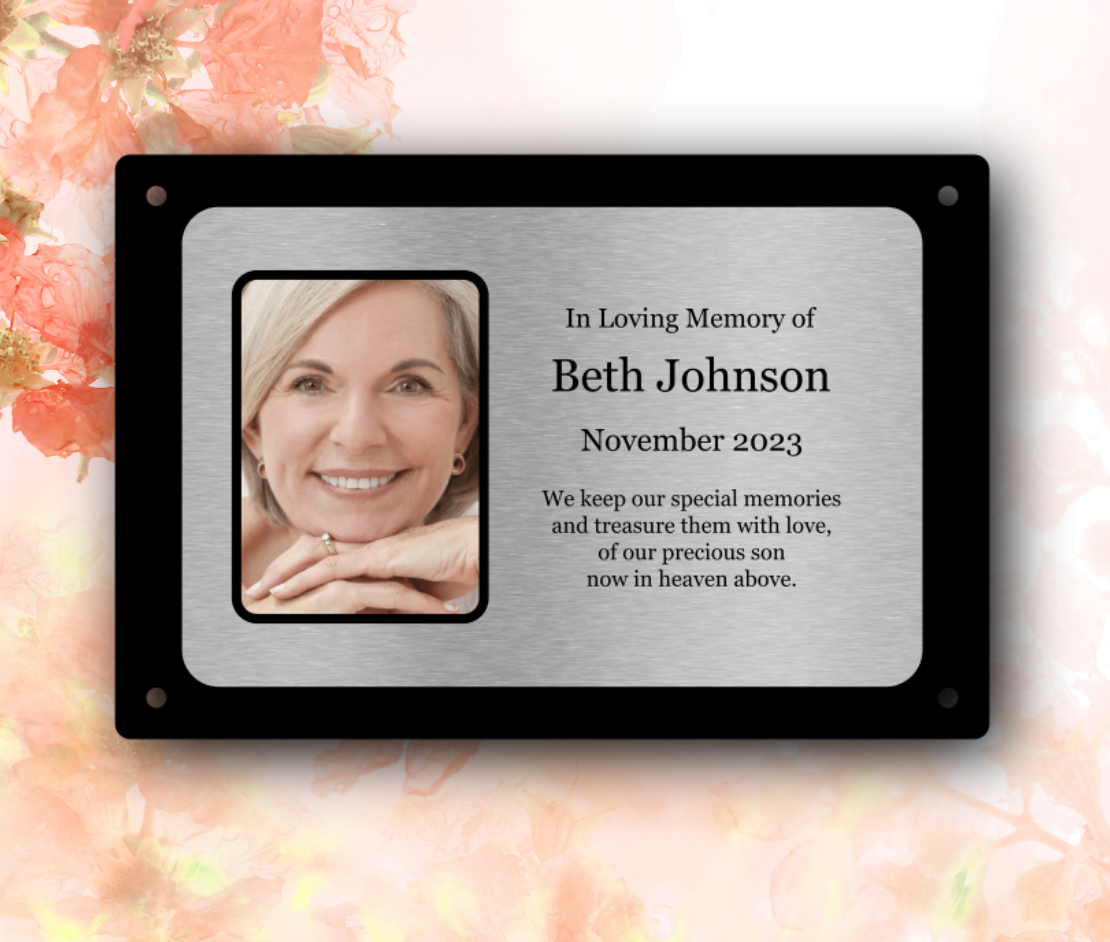 Personalised Photo Memorial Plaque — Silver Aluminium, 4 Screw Holes (170 × 110 mm, 4 mm, Outdoor-Ready) – by North By North East – Plaques & Nameplates