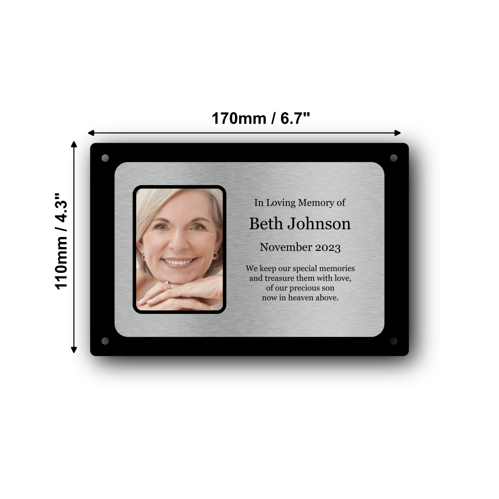 Personalised Photo Memorial Plaque — Silver Aluminium, 4 Screw Holes (170 × 110 mm, 4 mm, Outdoor-Ready) – by North By North East – Plaques & Nameplates