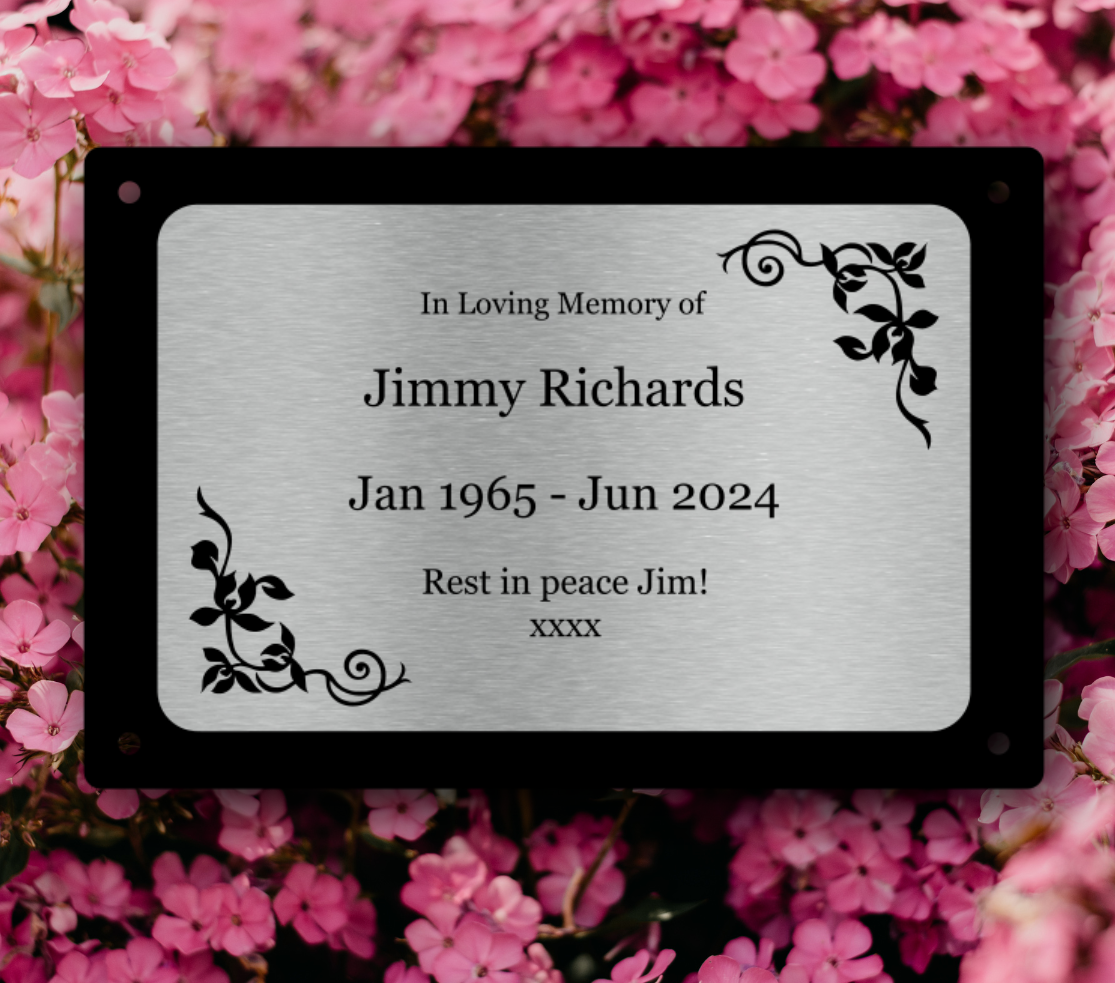 Personalised Silver Aluminium Memorial Plaque — Engraved, 4 Screw Holes (170 × 110 mm, 4 mm, Outdoor-Ready) – by North By North East – Plaques & Nameplates