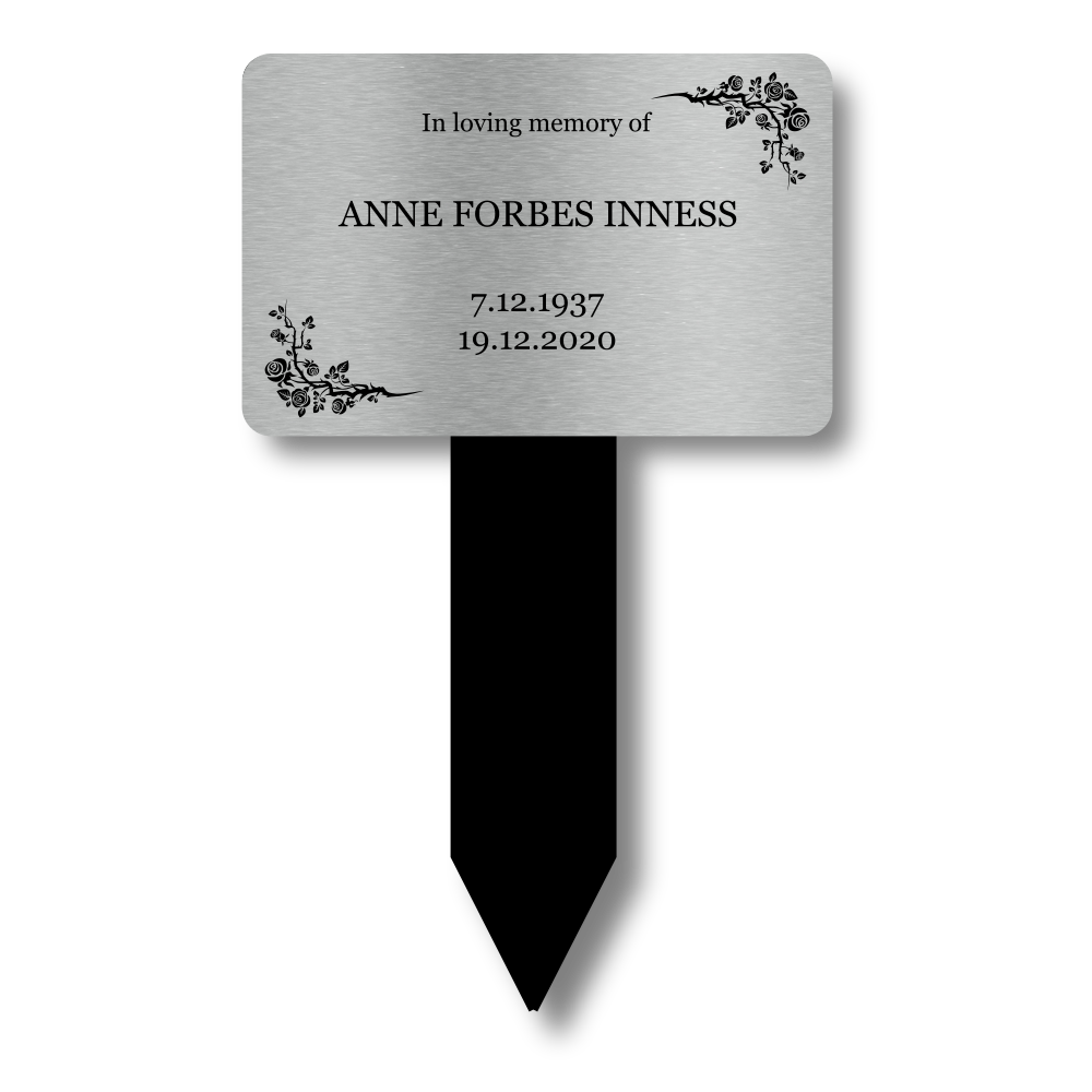Personalised Silver Memorial Stake — Engraved Outdoor Grave Marker (150 × 250 mm, Silver Plaque on Black Stake) – by North By North East – Plaques & Nameplates