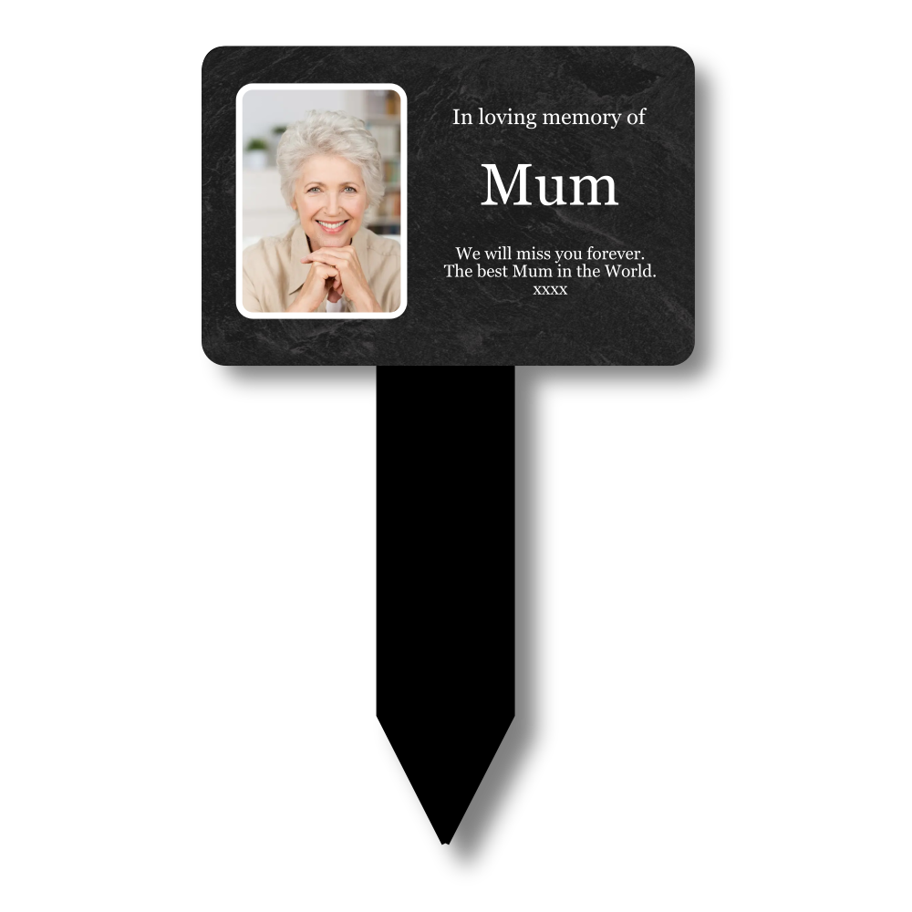 Personalised Memorial Plaque — Grave Marker with Photo & Engraved Text (140 × 230 mm, 6 mm Stake, Outdoor-Ready) – by North By North East – Plaques & Nameplates