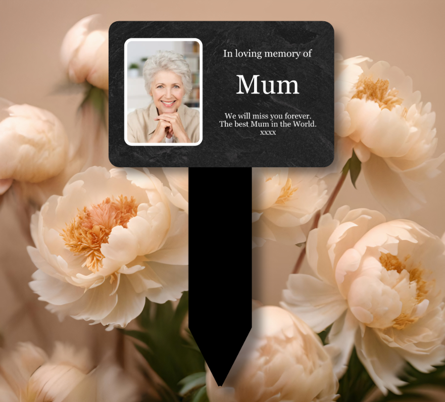 Personalised Memorial Plaque — Grave Marker with Photo & Engraved Text (140 × 230 mm, 6 mm Stake, Outdoor-Ready) – by North By North East – Plaques & Nameplates