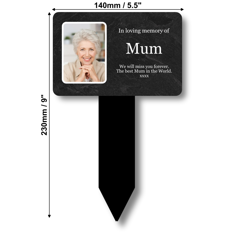 Personalised Memorial Plaque — Grave Marker with Photo & Engraved Text (140 × 230 mm, 6 mm Stake, Outdoor-Ready) – by North By North East – Plaques & Nameplates