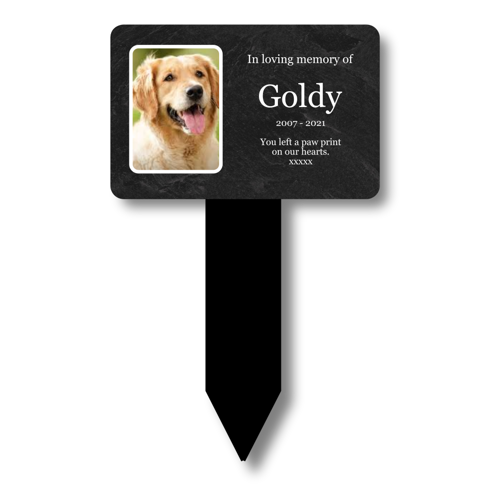 Personalised Slate-Effect Pet Memorial Stake — Photo & Text (140 × 230 mm, 6 mm, Black Acrylic Stake) – by North By North East – Plaques & Nameplates