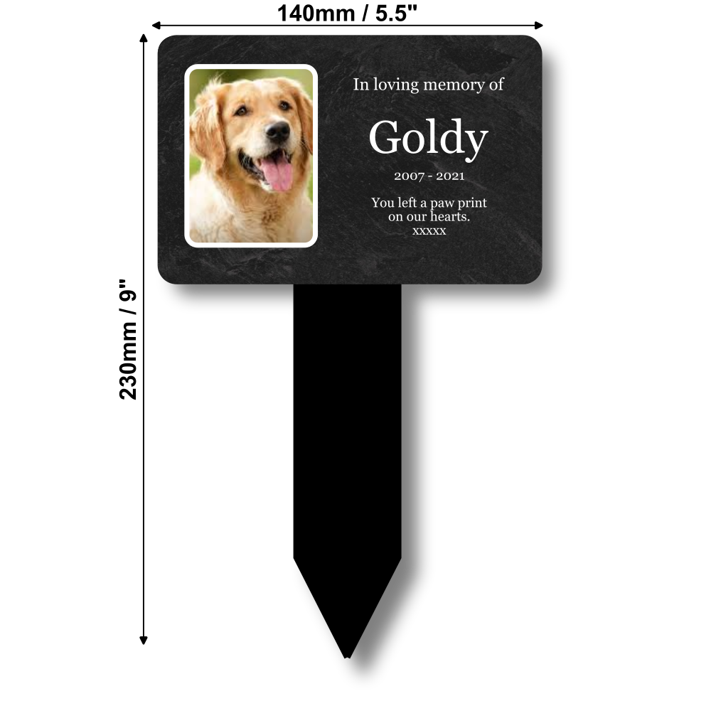 Personalised Slate-Effect Pet Memorial Stake — Photo & Text (140 × 230 mm, 6 mm, Black Acrylic Stake) – by North By North East – Plaques & Nameplates