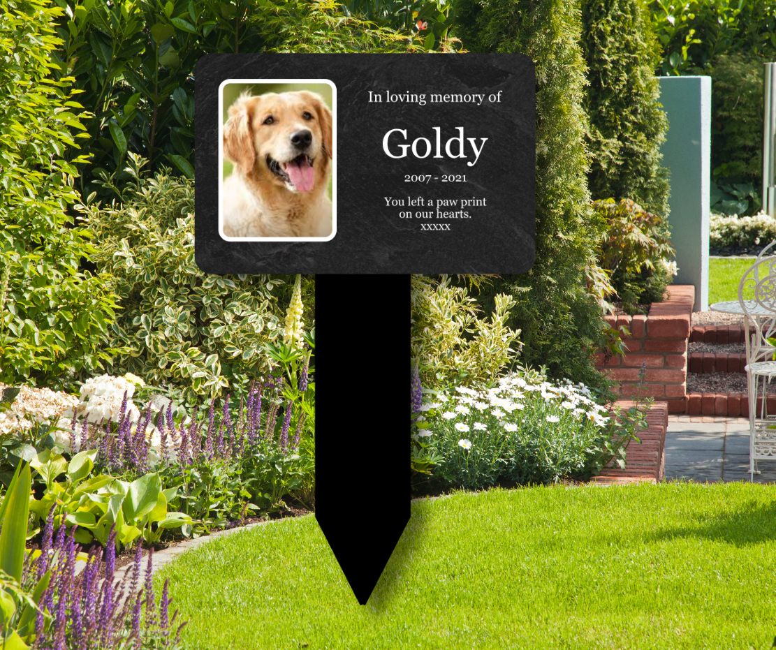Personalised Slate-Effect Pet Memorial Stake — Photo & Text (140 × 230 mm, 6 mm, Black Acrylic Stake) – by North By North East – Plaques & Nameplates