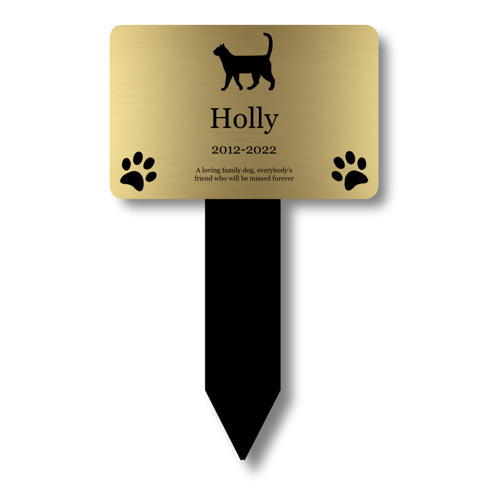 Personalised Cat Memorial Grave Marker — Gold Acrylic Stake, Black Engraving (140 × 230 mm, 6 mm Thick) – by North By North East – Plaques & Nameplates