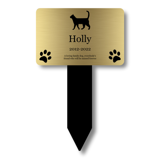 Personalised Cat Memorial Grave Marker — Gold Acrylic Stake, Black Engraving (140 × 230 mm, 6 mm Thick)