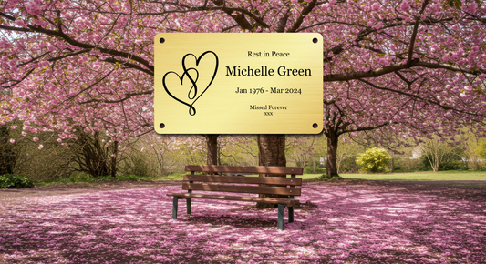 Personalised Brass Plaque 5" × 3" — Custom Engraved Memorial Sign with Decorative Border Design (Bench, Grave, Garden, Pet Tribute)